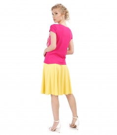 Flared skirt with elastic jersey blouse with veil inserts
