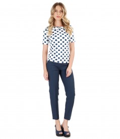 Ankle viscose pants and blouse with floral printed collar