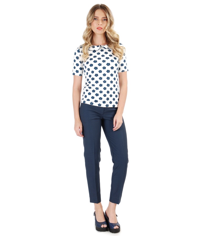 Ankle viscose pants and blouse with floral printed collar