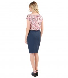 Tapered pencil office skirt with printed viscose blouse