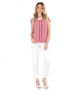 Ankle viscose pants with t-shirt printed with stripes and bow on decolletage