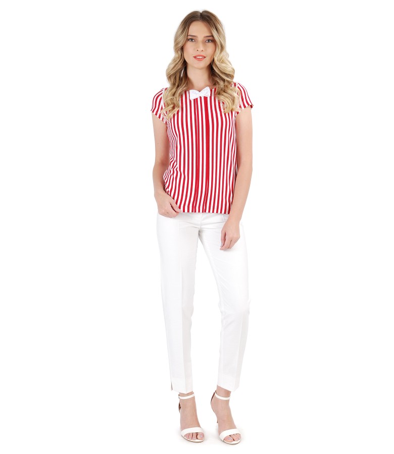 Ankle viscose pants with t-shirt printed with stripes and bow on decolletage