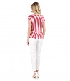 Ankle viscose pants with t-shirt printed with stripes and bow on decolletage