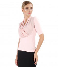 Elastic jersey blouse with overlay veil collar