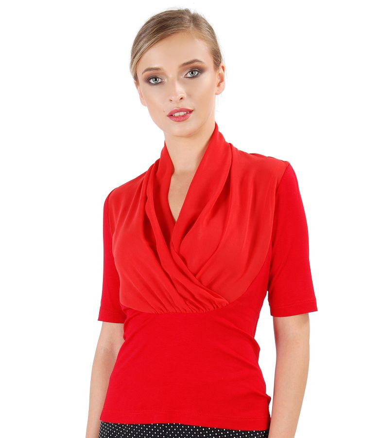Elastic jersey blouse with overlay veil collar