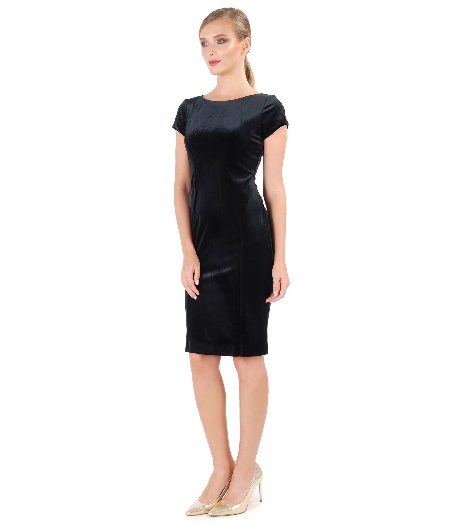 Rochie midi din catifea elastca uni black - YOKKO