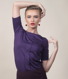 Elastic jersey blouse with fold and crystals trim