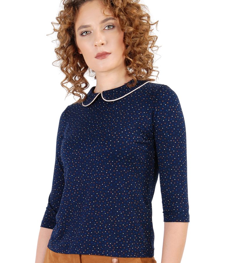Printed elastic jersey blouse with collar