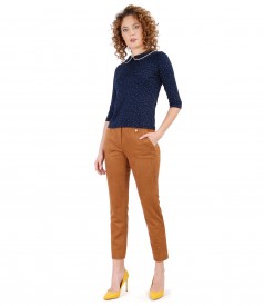 Fabric pants with velvet look and printed jersey blouse