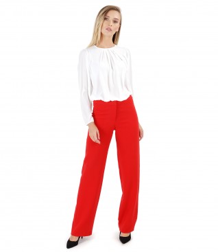 Blouse with folds on decolletage and straight pants