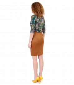 Fabric skirt with velvet look and printed jersey blouse