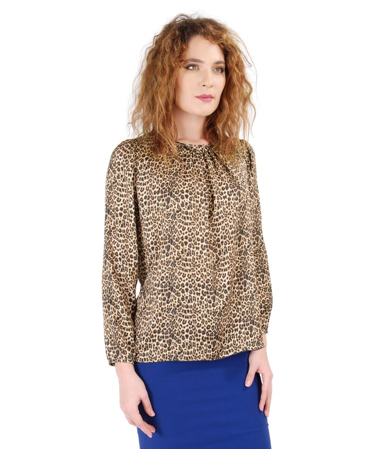 Blouse with animal print and folds on decolletage embellished with crystals