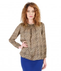 Blouse with animal print and folds on decolletage embellished with crystals