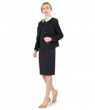 Office outfit with elastic fabric jacket and dress with round collar