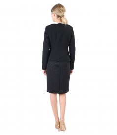 Office outfit with elastic fabric jacket and dress with round collar