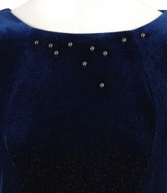 Rochie bleumarin din catifea elastica stralucitoare si aplicatie de cristale