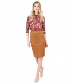 Printed elastic jersey blouse with fabric skirt and velvet look