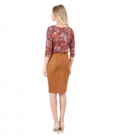 Printed elastic jersey blouse with fabric skirt and velvet look