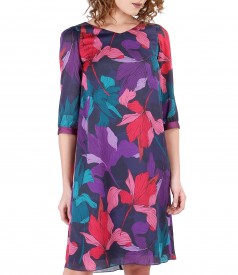 Flaring veil dress with floral print and trim