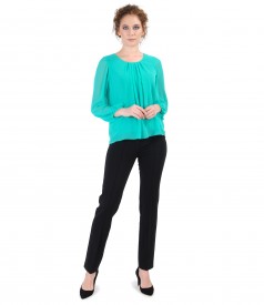 Ankle pants with veil blouse and puff sleeves