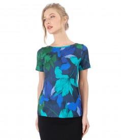 Printed jersey blouse with short sleeves