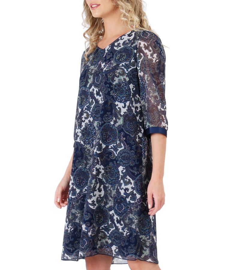 Flaring veil dress with floral print and trim