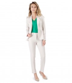 Office women suit with jacket and ankle plants made of beige elastic fabric