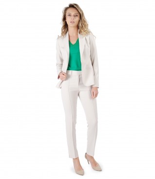 Office women suit with jacket and ankle plants made of beige elastic fabric