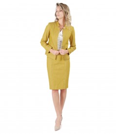 Office women suit with jacket and denim skirt with decorative seam