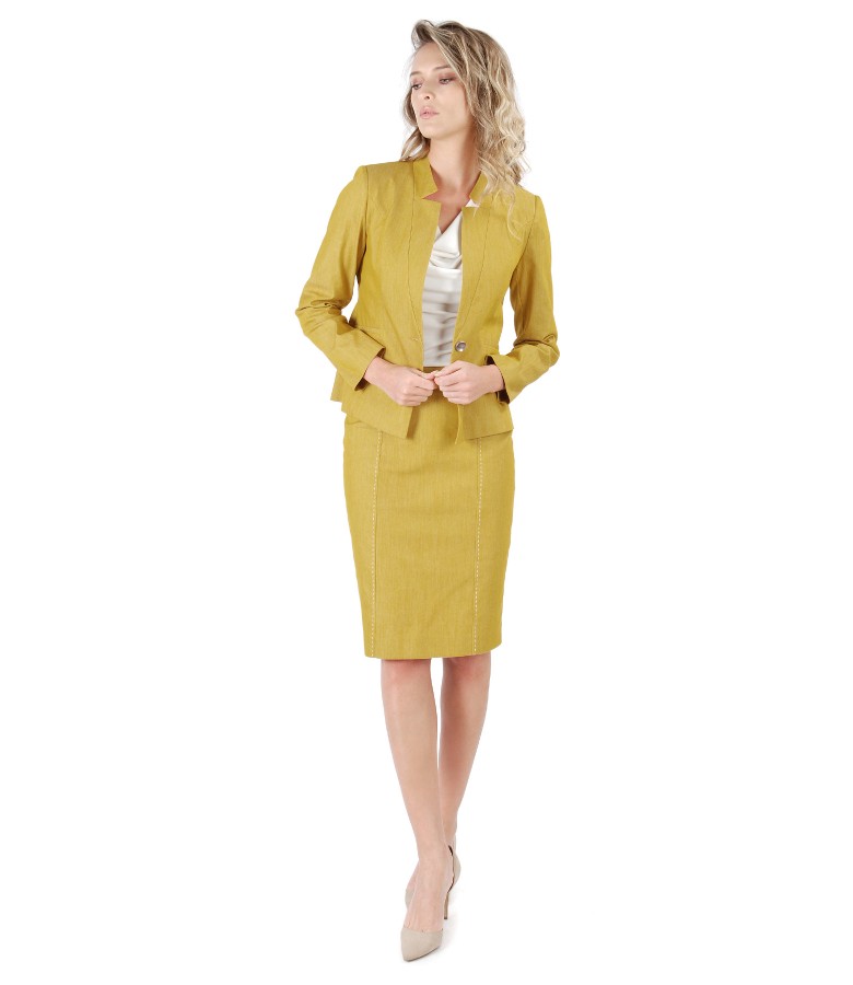 Office women suit with jacket and denim skirt with decorative seam