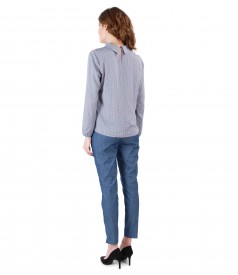 Elegant outfit with denim cotton pants with blouse with round collar