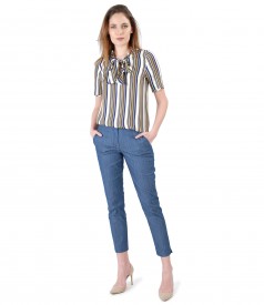 Cotton pants, denim type and viscose blouse with stripes