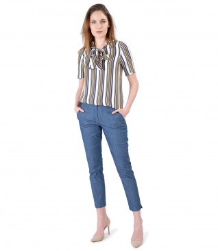 Cotton pants, denim type and viscose blouse with stripes