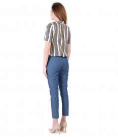 Cotton pants, denim type and viscose blouse with stripes