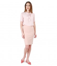 Office outfit with blouse with scarf collar and tapered skirt