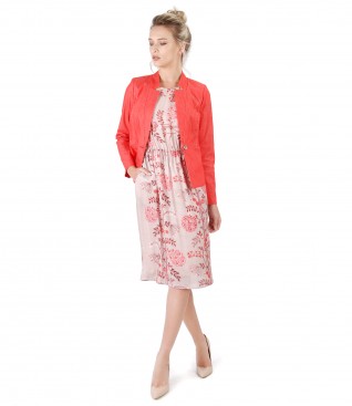 Elegant outfit with cotton jacket denim style and dress with floral print