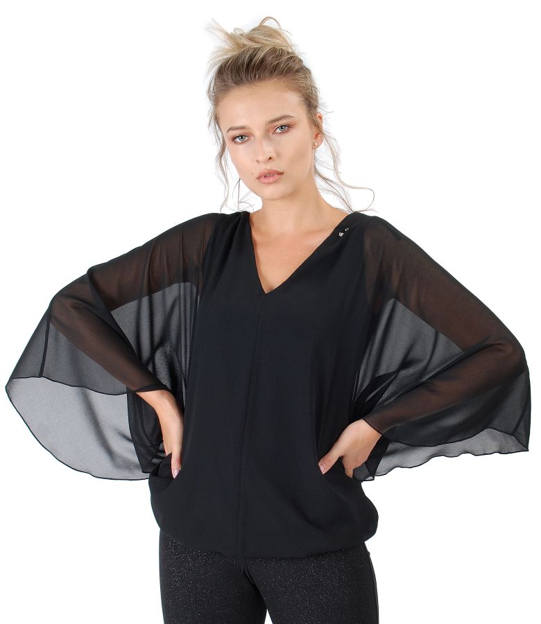 Butterfly blouse with crystals on the decolletage black - YOKKO