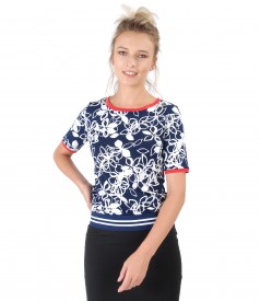 Elastic jersey blouse with embossed print