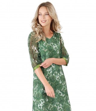 Flaring veil dress with floral print and trim