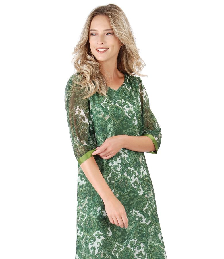 Flaring veil dress with floral print and trim