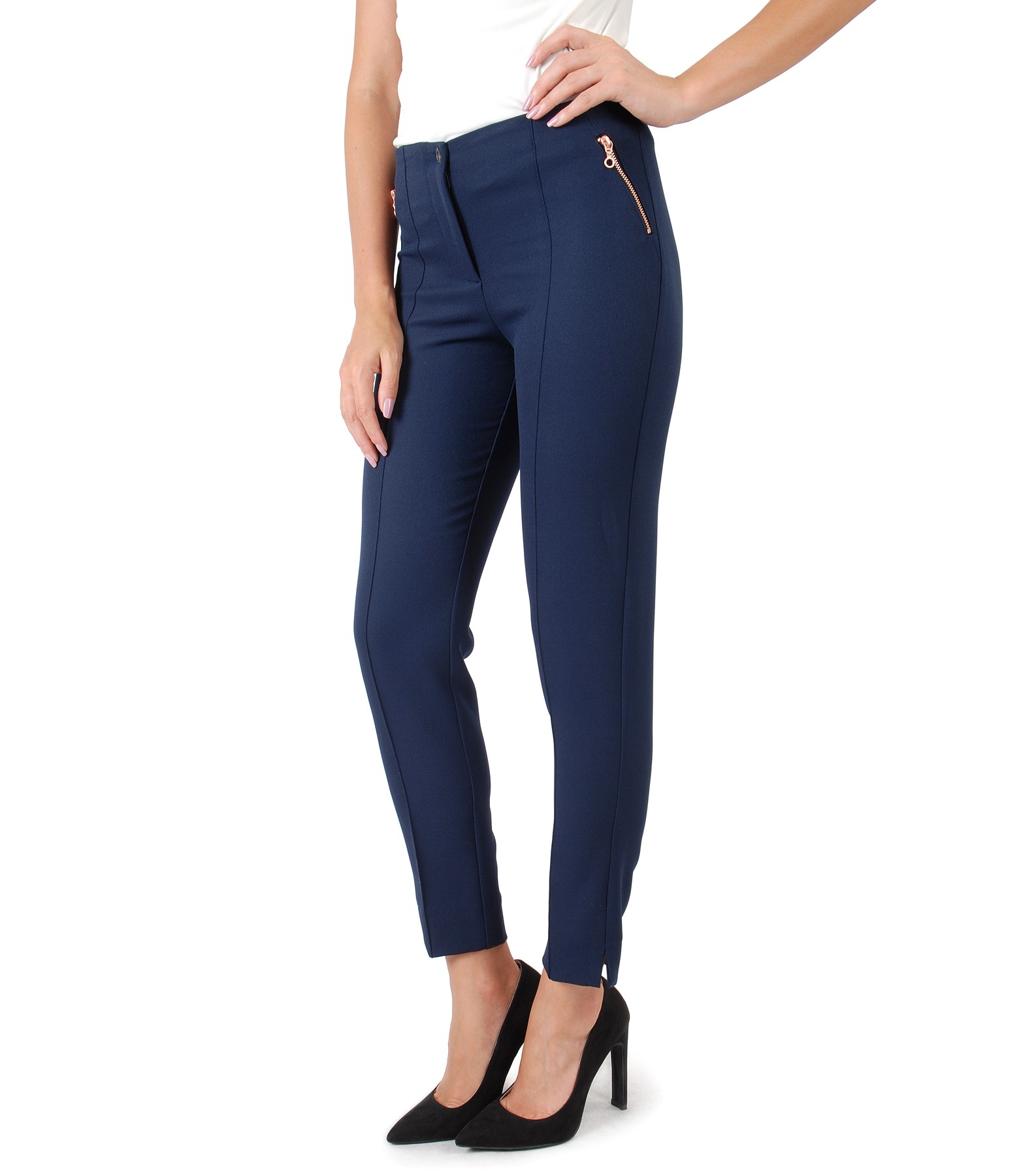 Ankle pants with metallic zippers navy blue - YOKKO