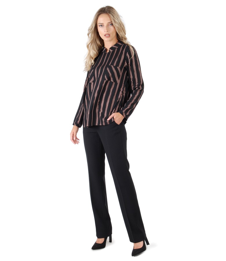 Straight pants and blouse with stripes with metallic thread