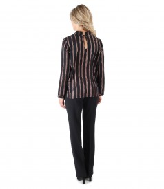 Straight pants and blouse with stripes with metallic thread