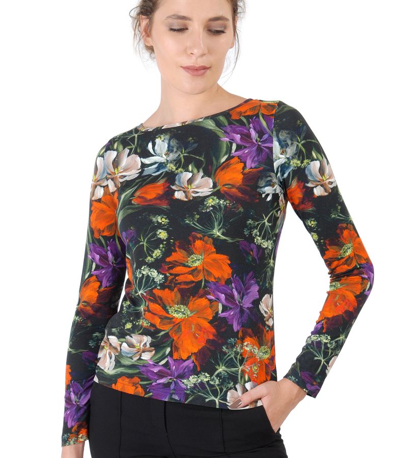 Elastic jersey blouse with floral print