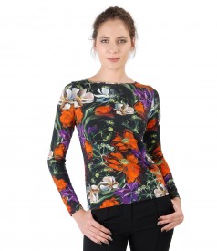 Elastic jersey blouse with floral print