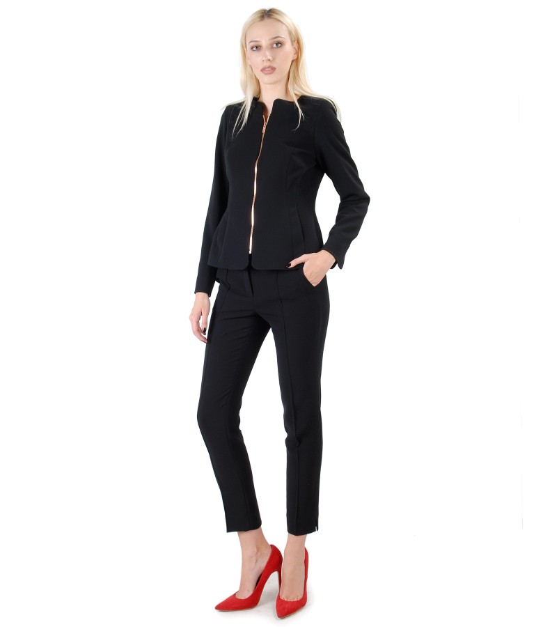 Womens office suit with jacket and trousers in black elastic fabric
