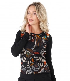 Elastic jersey blouse with brocaded velvet front