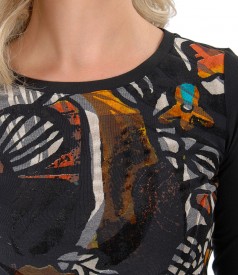 Elastic jersey blouse with brocaded velvet front