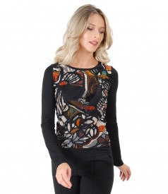 Elastic jersey blouse with brocaded velvet front