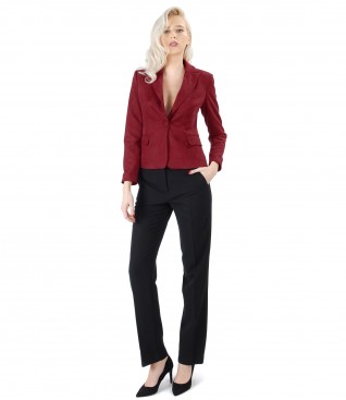 Elegant outfit with velvet look fabric jacket and straight pants